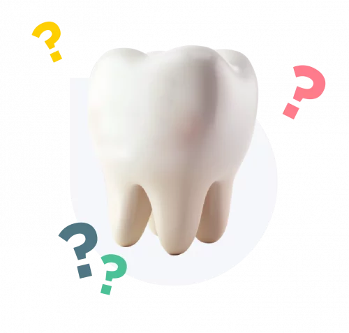 image d'une dent blanche avec des points d'interrogation de plusieurs couleurs autour